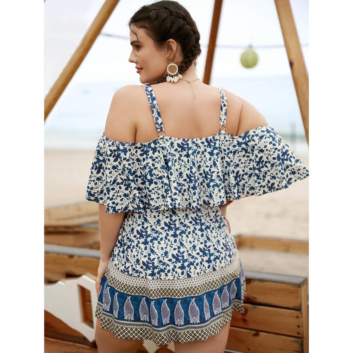 Plus Size Bandana Print Cold Shoulder Swim Dress Women's Swimwear Indigo Beach Bodycon One-shoulder neck High stretch Curve Swim Dresses BloomChic 30/6X Product Image
