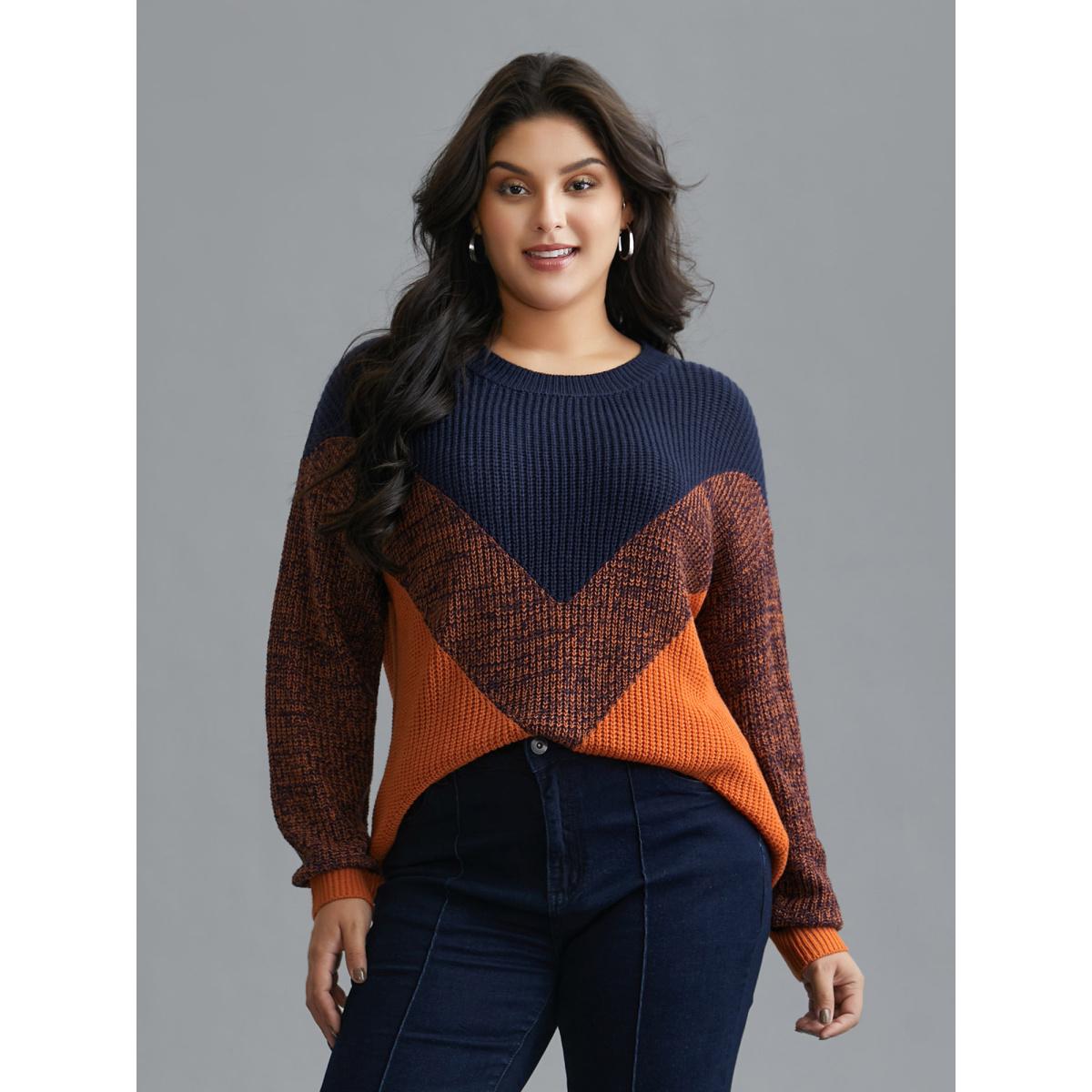 Plus Size Textured Balloon Sleeves Color Block Pullover Indigo Women Casual Loose Long Sleeve Round Neck Everyday Pullovers BloomChic 30/6X Product Image