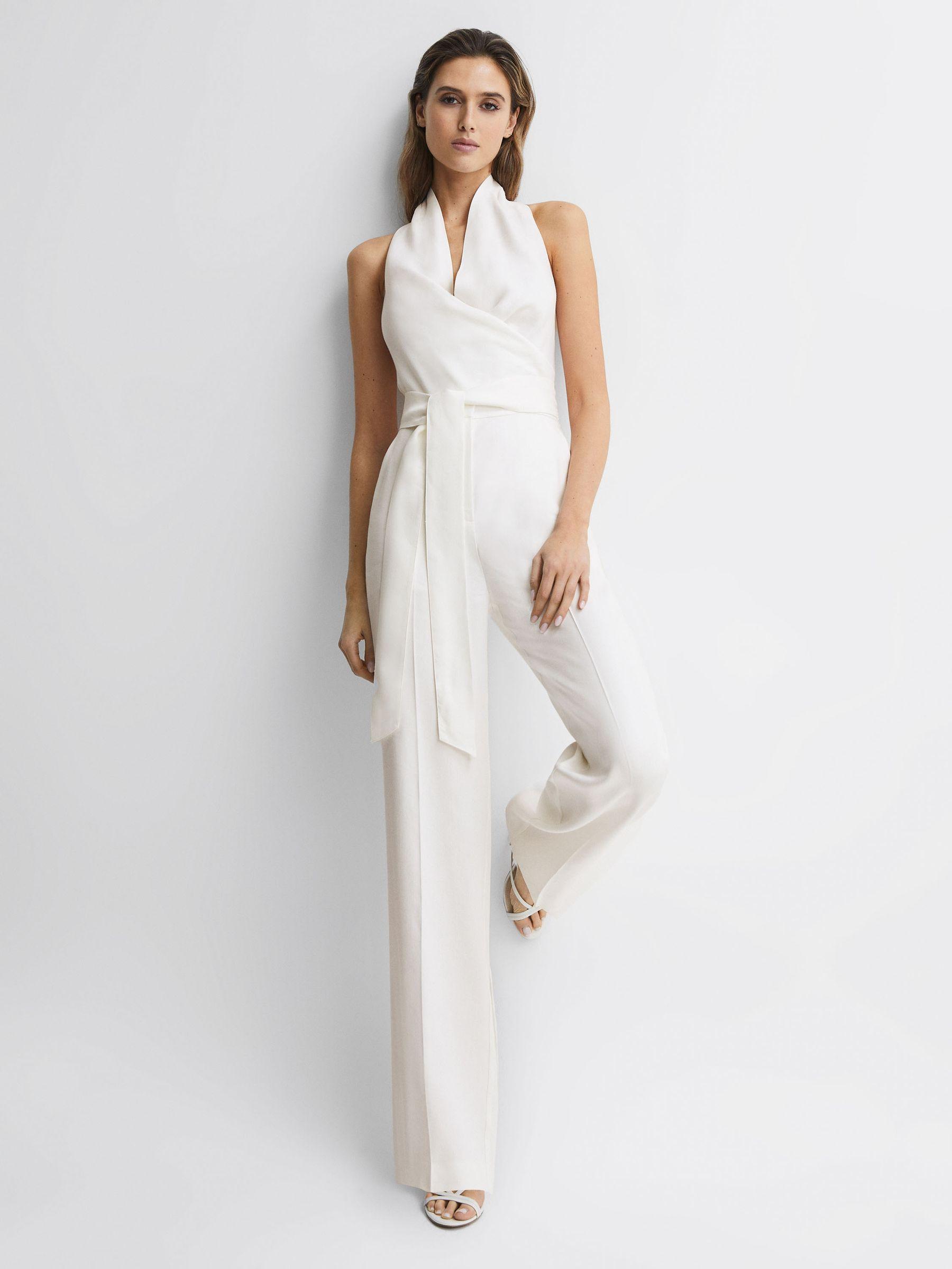 Halter Neck Linen Blend Jumpsuit in White Product Image