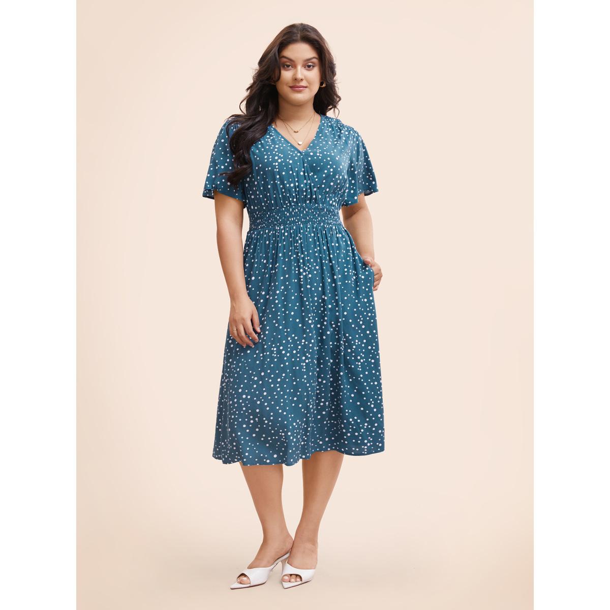 Plus Size Polka Dot Wrap Pocket Shirred Ruffle Sleeve Dress Aegean Women Timeless Patchwork Curvy Midi Dress BloomChic 18-20/2X Product Image