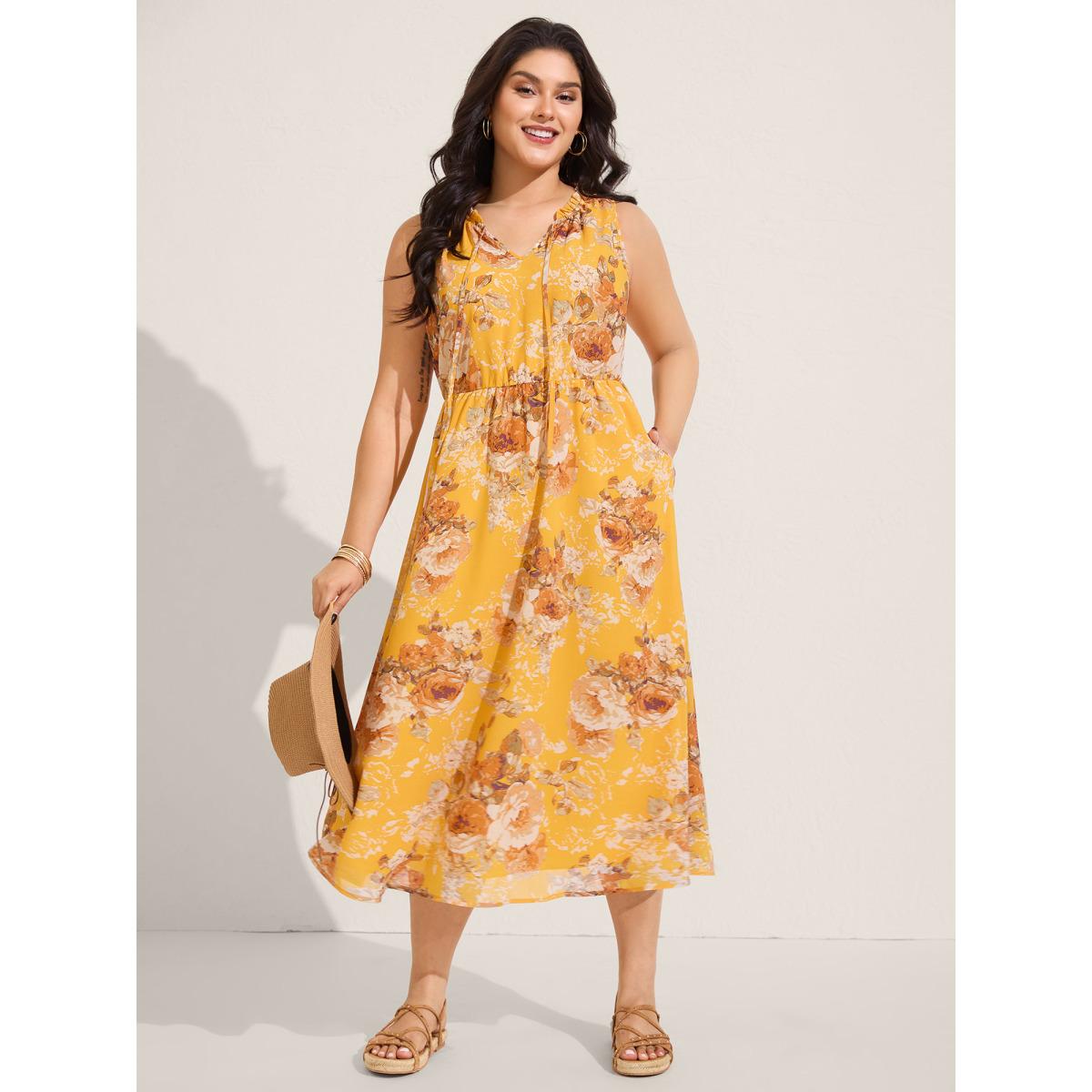 Plus Size Sunny Floral Petal Trim Neck Midi Dress Turmeric Women Notched collar Sleeveless Curvy BloomChic 22-24/3X Product Image
