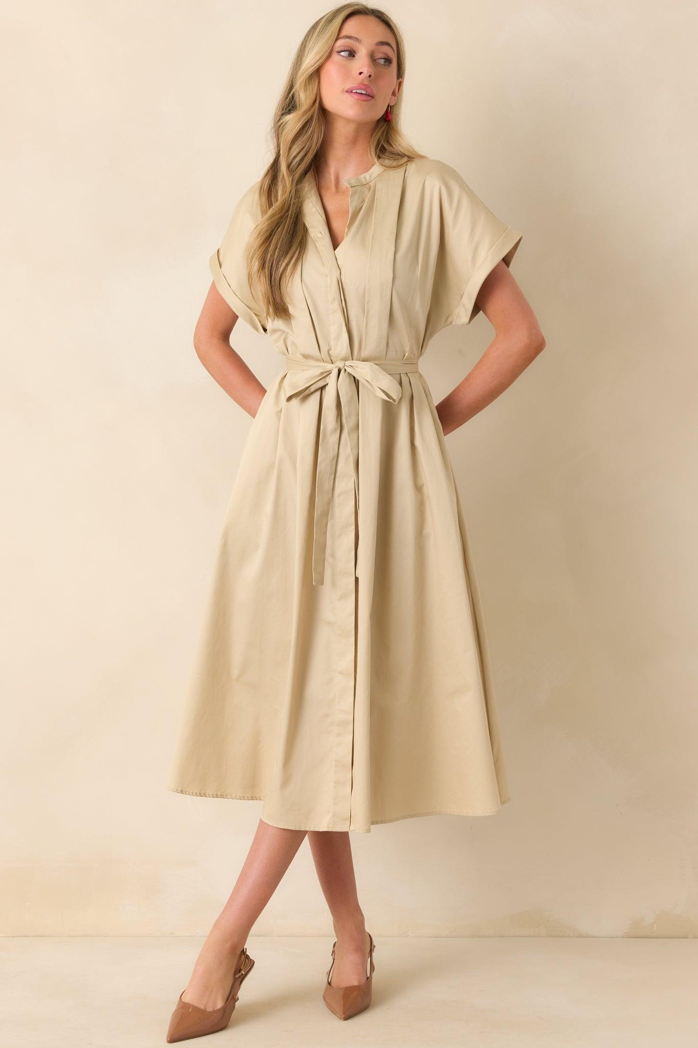 Late Nights Beige Cotton Button Front Midi Dress Product Image