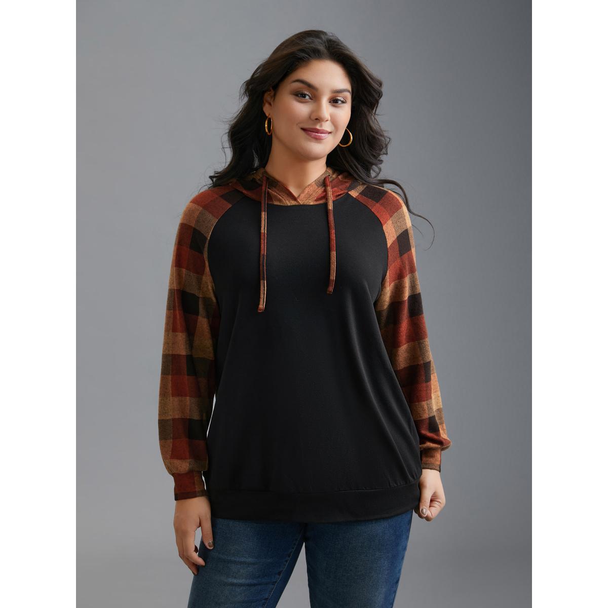 Plus Size Plaid Colorblock Contrast Hooded Drawstring Sweatshirt Women Black Casual Contrast Hooded Everyday Sweatshirts BloomChic 14-16/1X Product Image