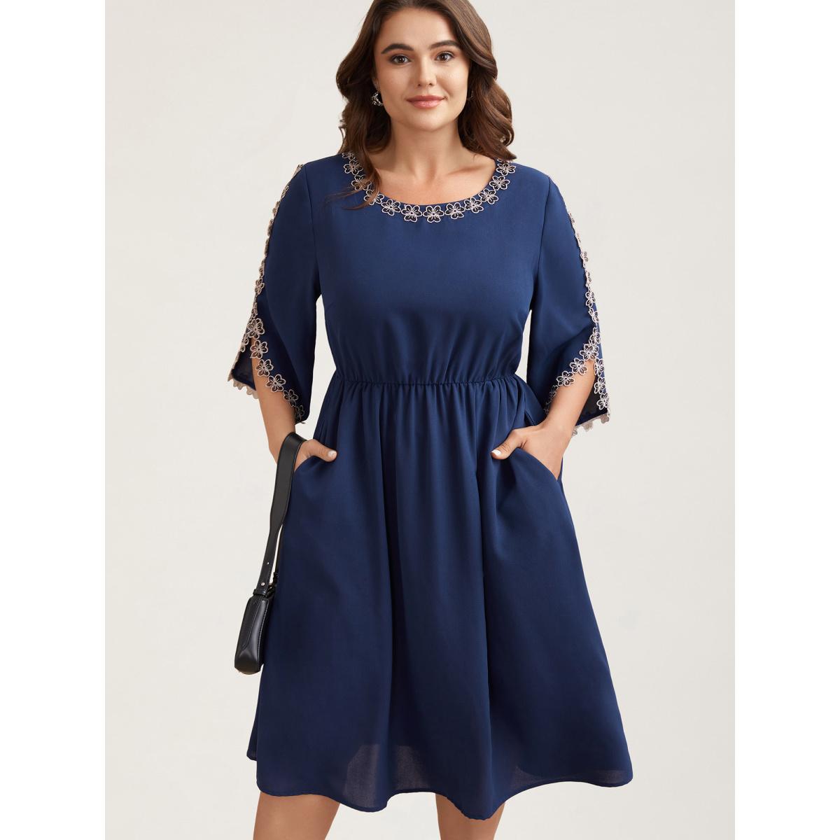 Plus Size Lace Detail Trumpet Sleeve Midi Dress DarkBlue Women Office Overlapping Boat Neck Elbow-length sleeve Curvy BloomChic 28/5X Product Image