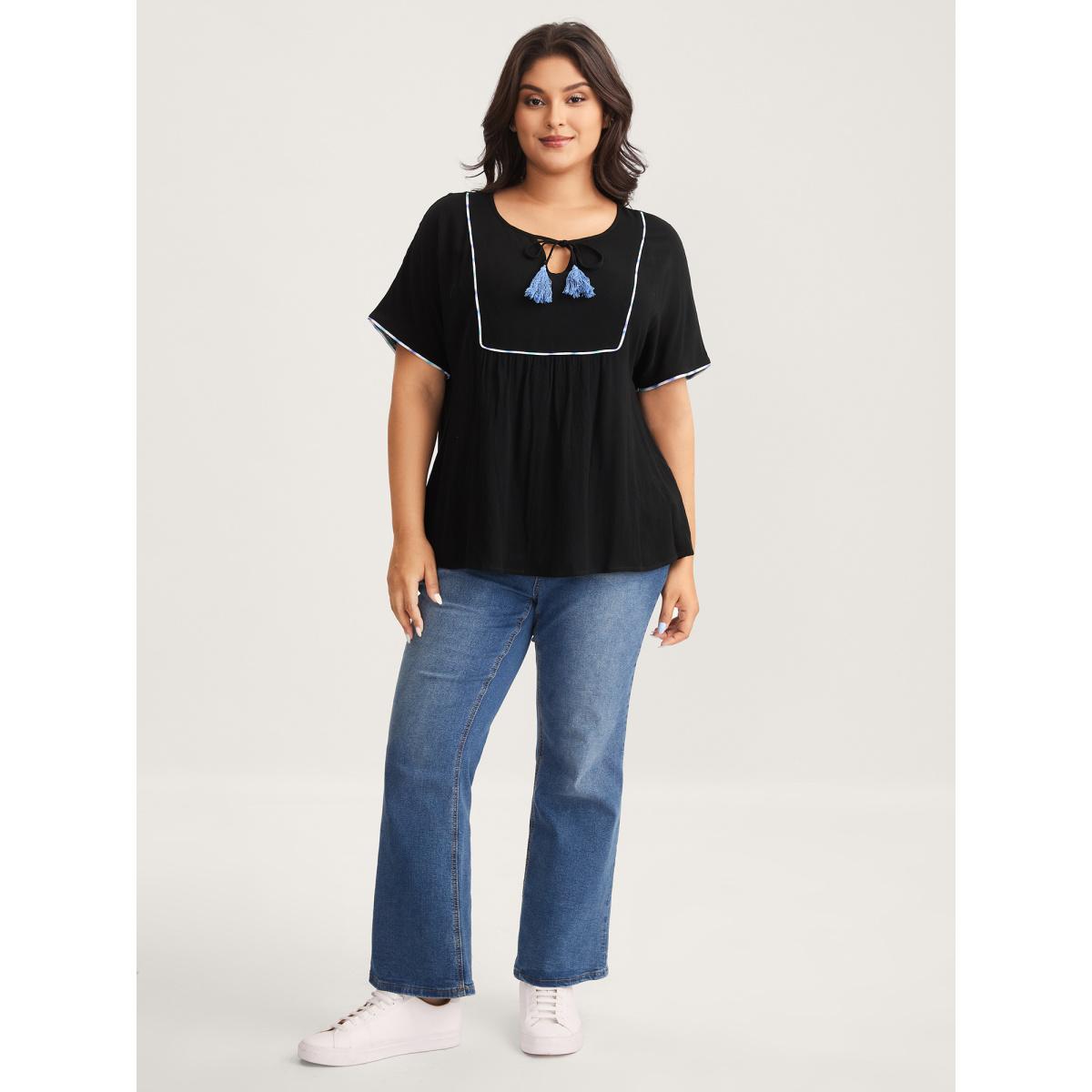 Plus Size Black Textured Color Contrast Tassels Blouse Women Short sleeve Flat collar with V-notch Everyday-Casual Blouses BloomChic 18-20/2X Product Image