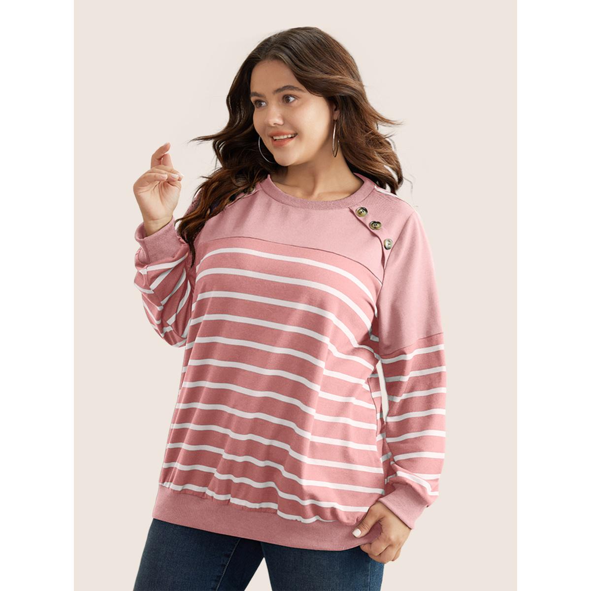 Plus Size Striped Patchwork Button Detail Sweatshirt Women Pink Casual Non Round Neck Everyday Sweatshirts BloomChic 10/M Product Image