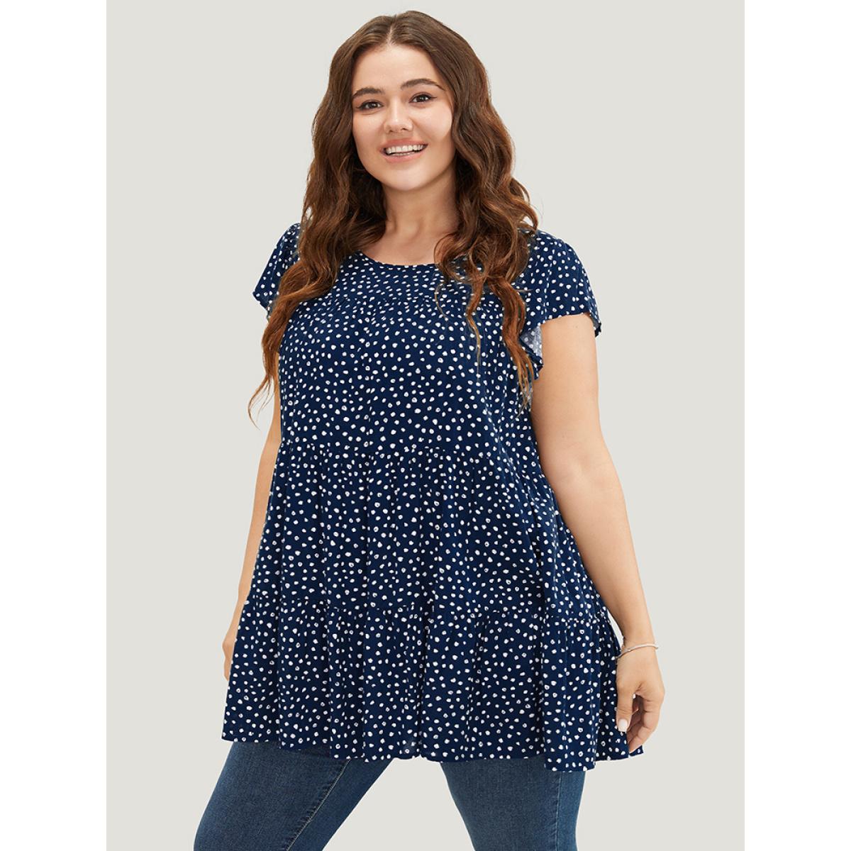 Plus Size Indigo Allover Print Cap Sleeve Ruffle Hem Gathered Blouse Women Casual Cap Sleeve Round Neck Everyday Blouses BloomChic 18-20/2X Product Image