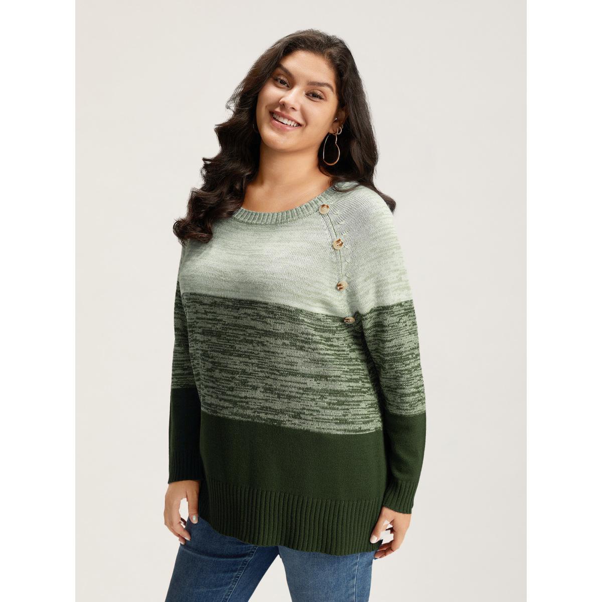 Plus Size Colorblock Contrast Heather Button Detail Pullover Indigo Women Leisure Long Sleeve Round Neck Casual Pullovers BloomChic 22-24/3X Product Image