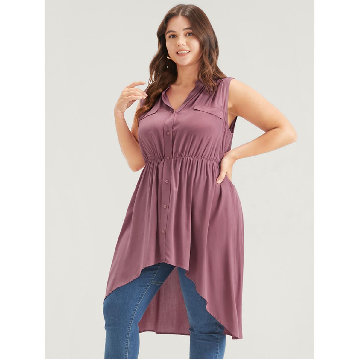 Plus Size DustyPink Solid Gathered Button High Low Hem Fake Pocket Tank Top Women Elegant Sleeveless V-neck Dailywear Blouses BloomChic 10/M Product Image