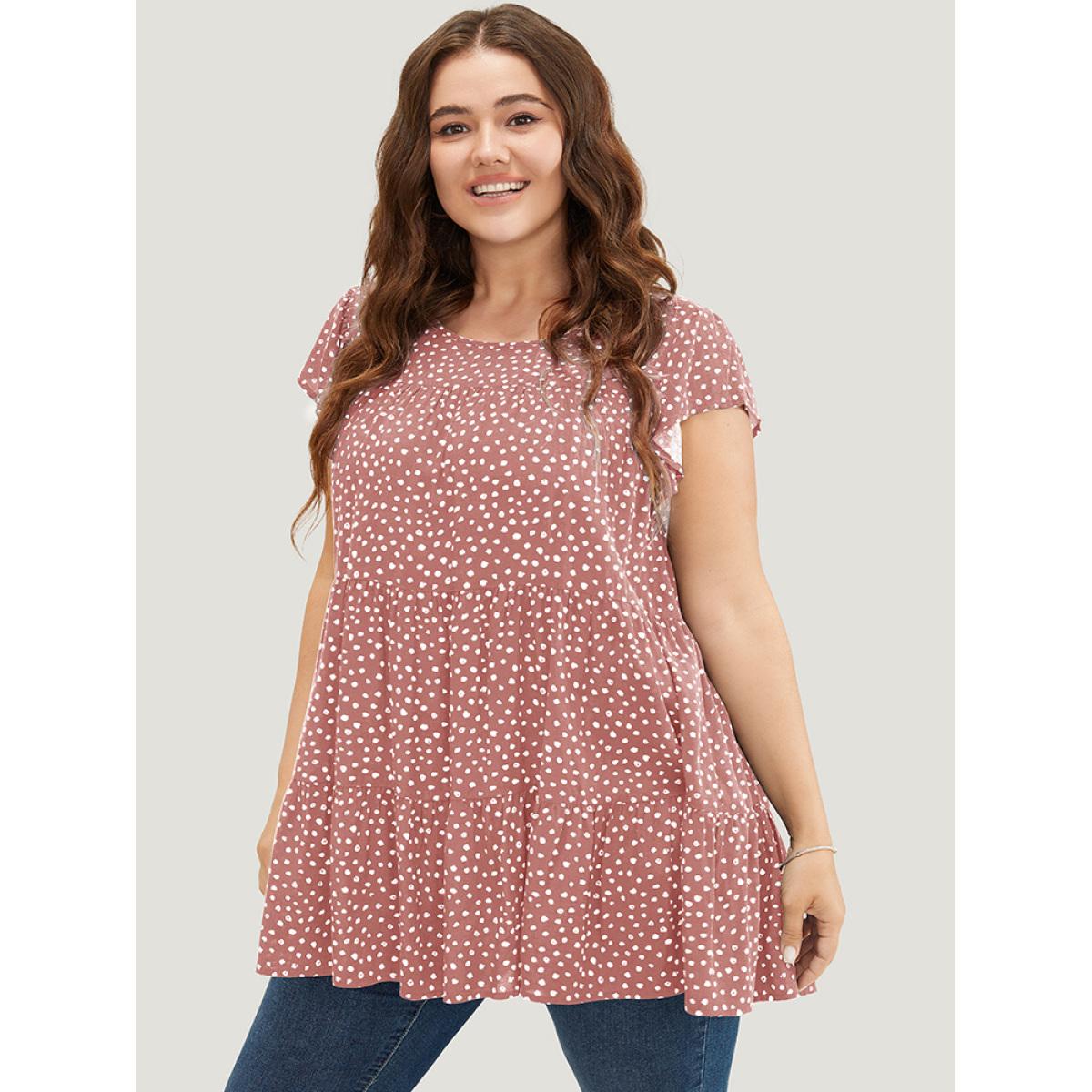 Plus Size Rouge Allover Print Cap Sleeve Ruffle Hem Gathered Blouse Women Casual Cap Sleeve Round Neck Everyday Blouses BloomChic 10/M Product Image