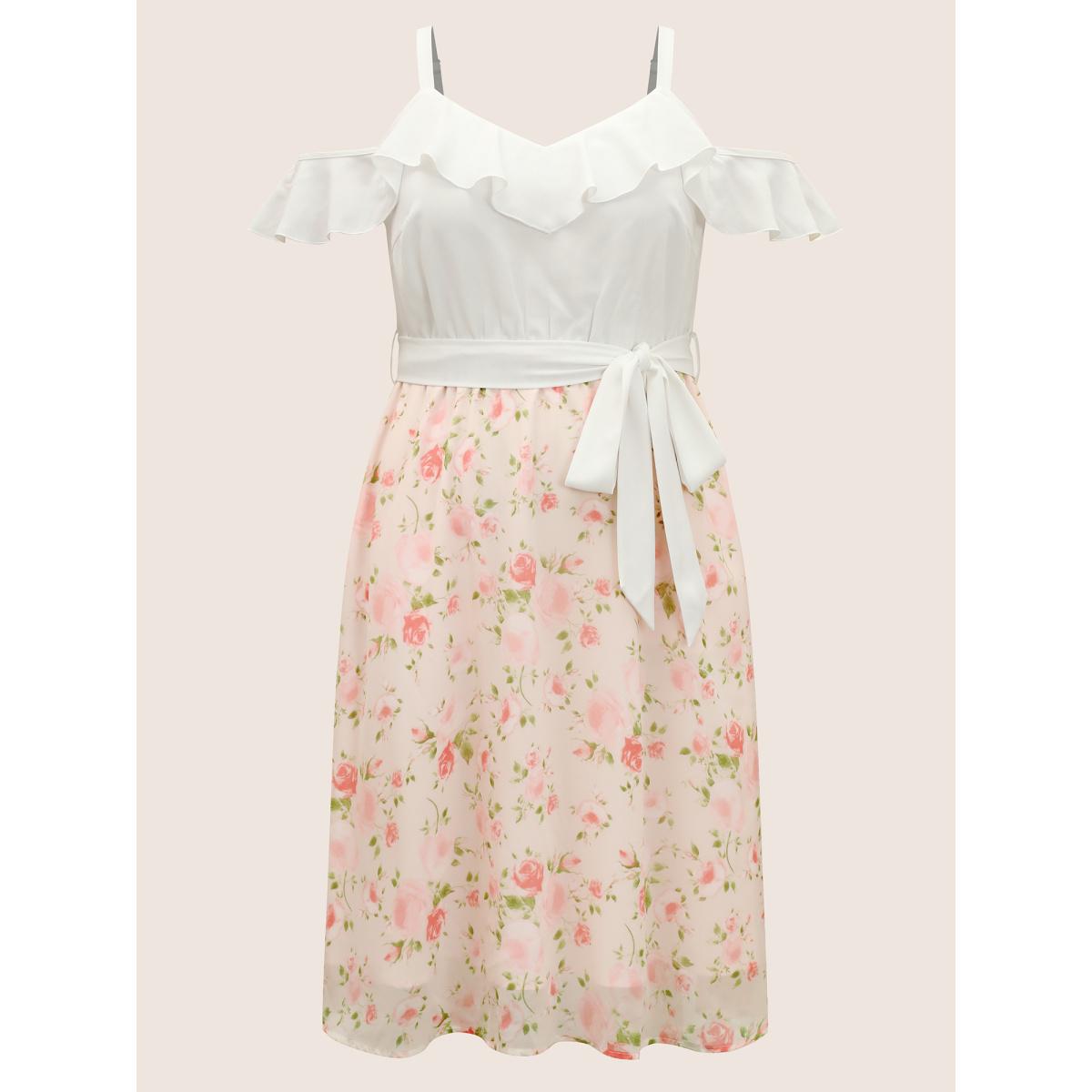 Plus Size Chiffon Floral Patchwork Ruffle Trim Midi Dress Nudepink Women Elegant Belted V-neck Cap Sleeve Curvy BloomChic 18-20/2X Product Image