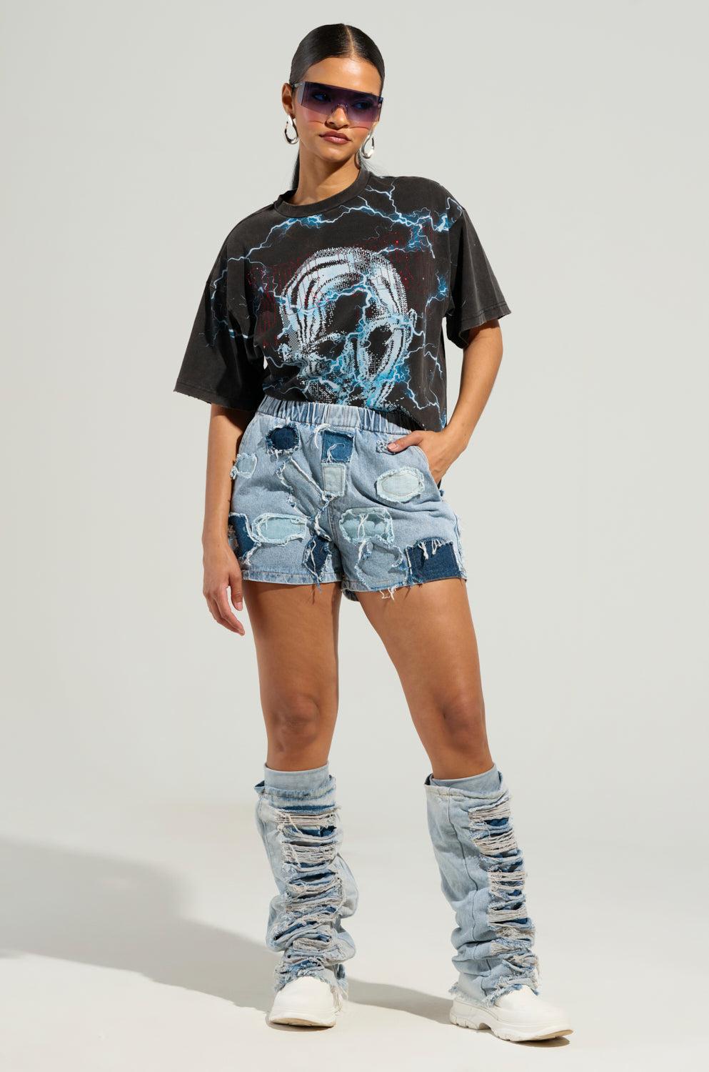 BAD IDEA DENIM PATCHWORK SHORTS Product Image