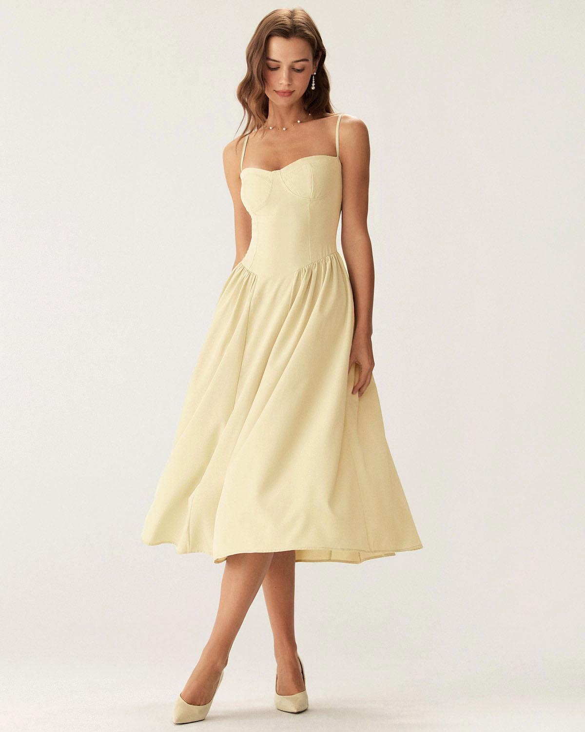 Yellow Square Neck Pocket Slip Midi Dress Product Image