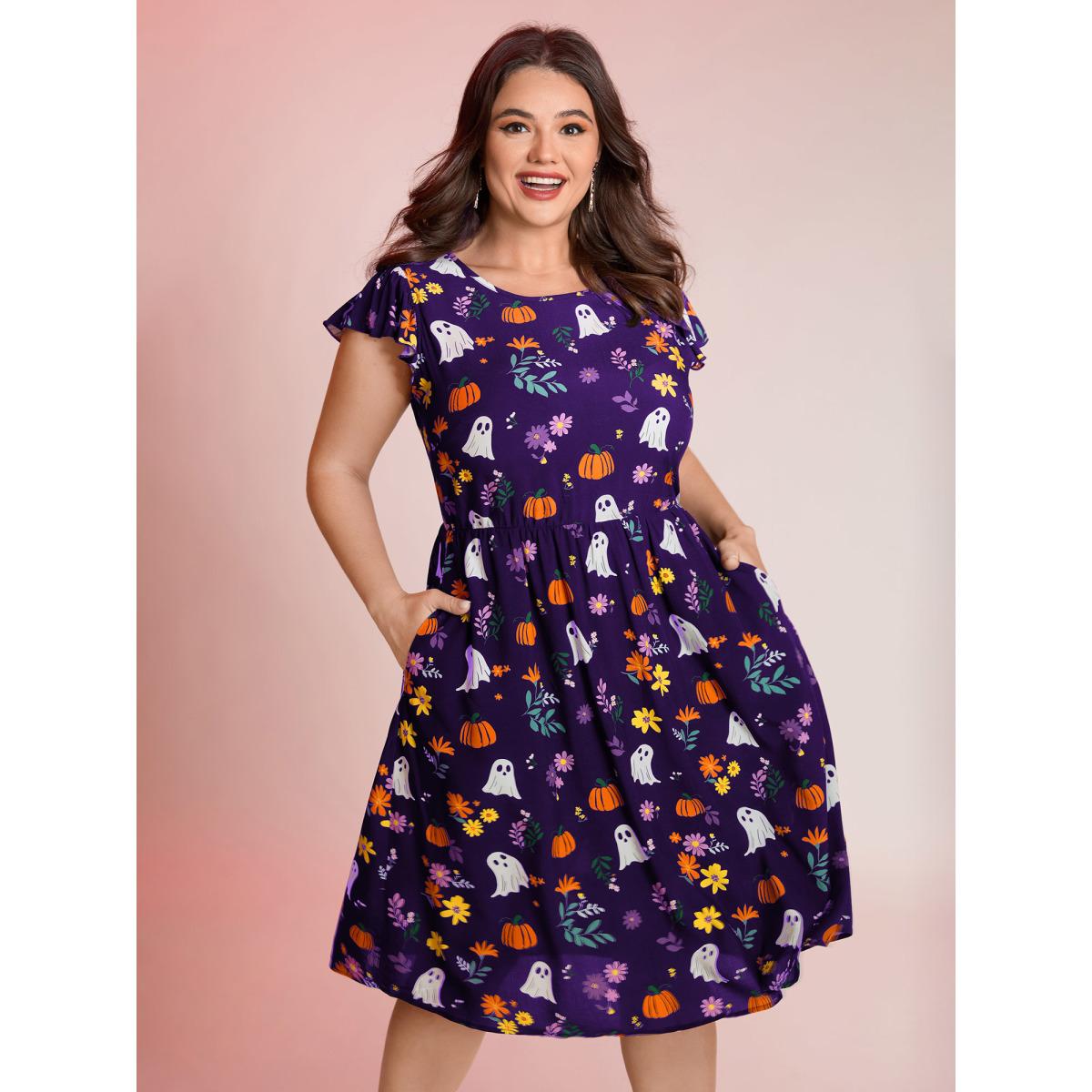 Plus Size Ghost Party Rayon Pockets Midi Dress Deeppurple Women Playful Round Neck Cap Sleeve Curvy BloomChic 30/6X Product Image