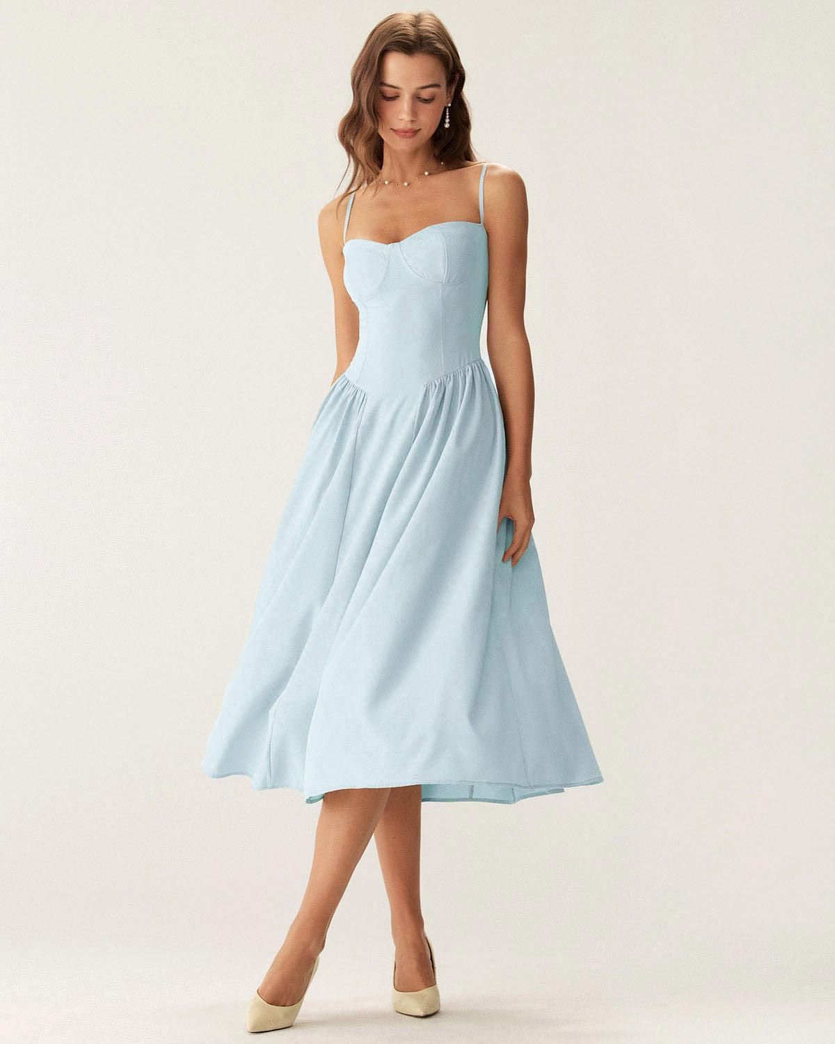 Blue Square Neck Pocket Slip Midi Dress Product Image
