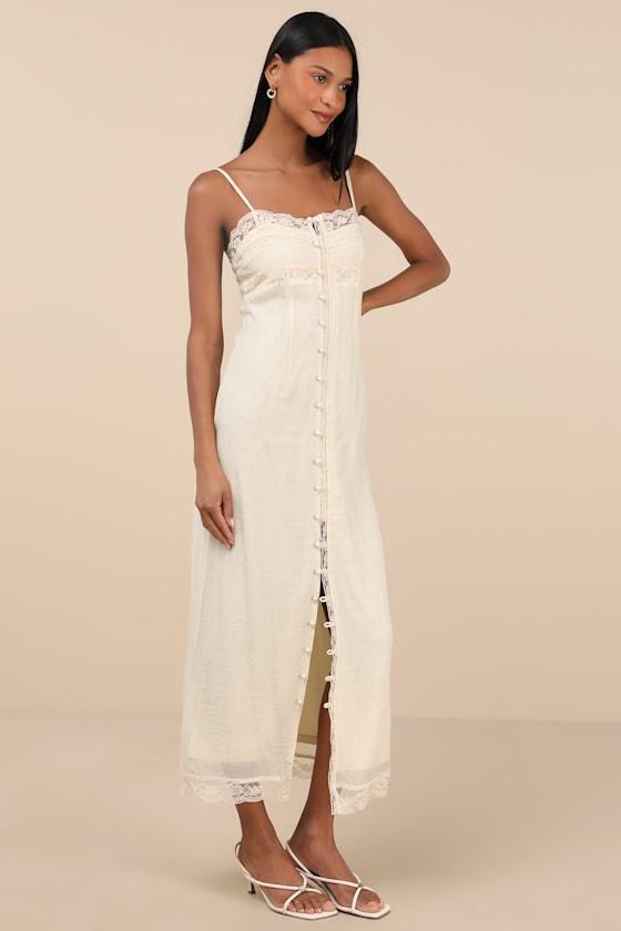 Veanna Cream Textured Lace Button-Front Midi Dress Product Image