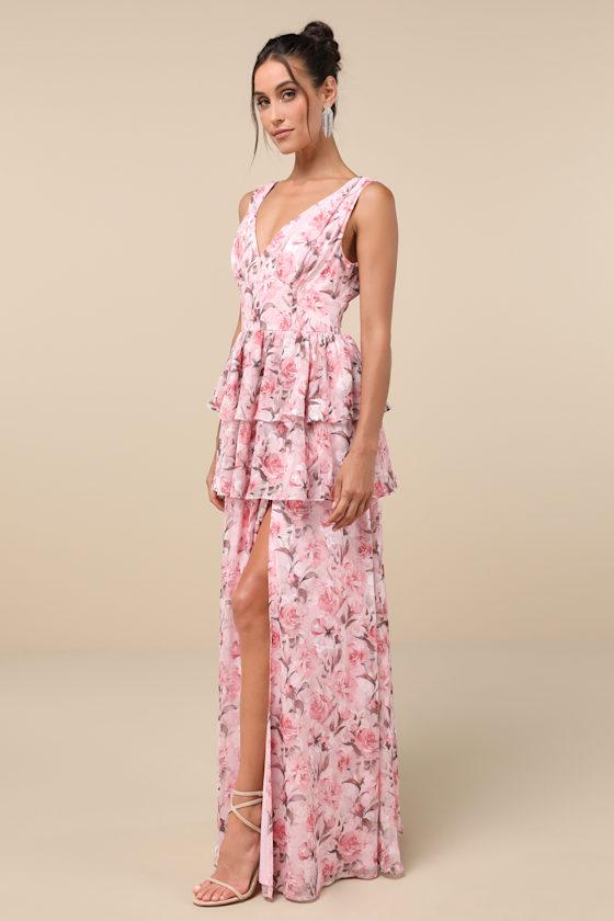 Graceful Approach Blush Pink Floral Jacquard Tiered Maxi Dress Product Image
