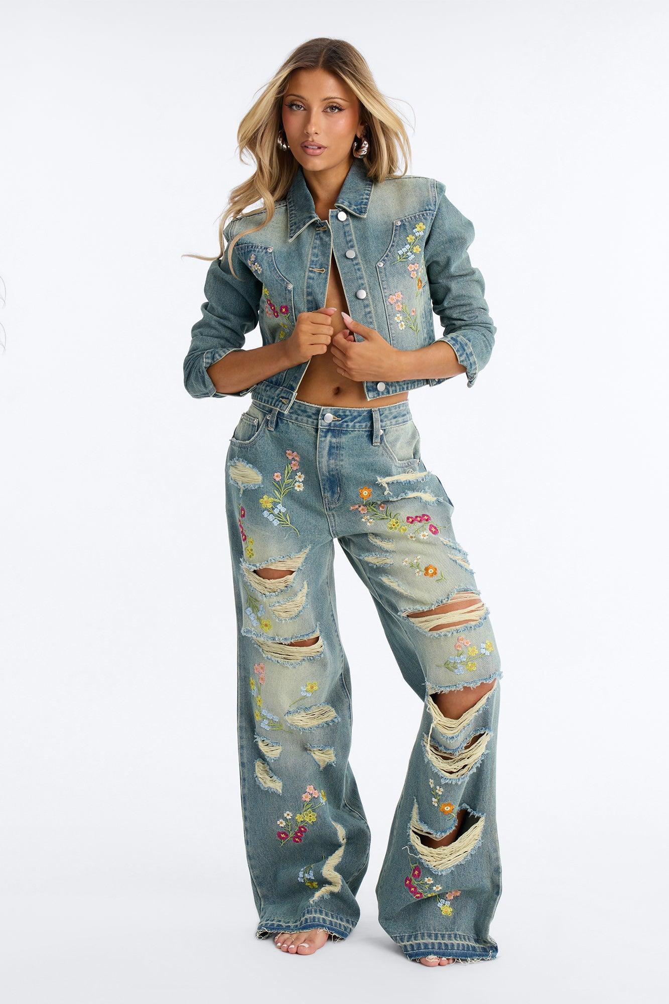 Enchanted Garden Embroidered Denim Jacket - Vintage Wash Female Product Image