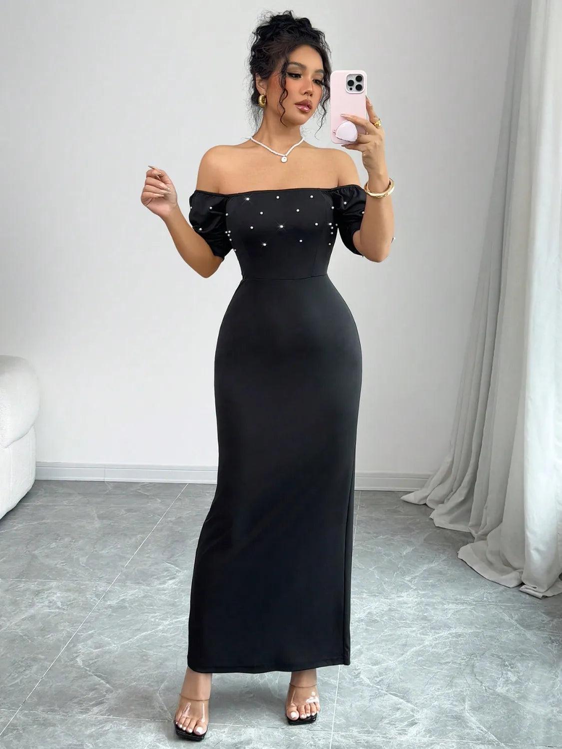 Off Shoulder Short Sleeve Maxi Dress Product Image