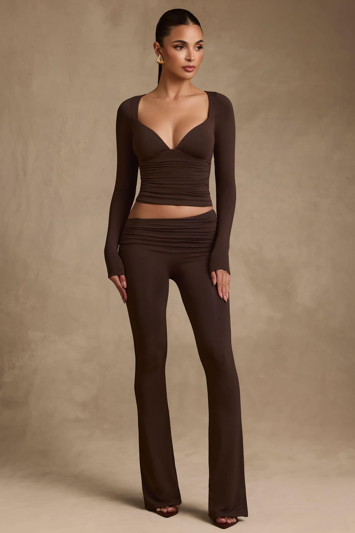 Modal Asymmetric-Waist Flared Trousers in Chocolate Brown Product Image