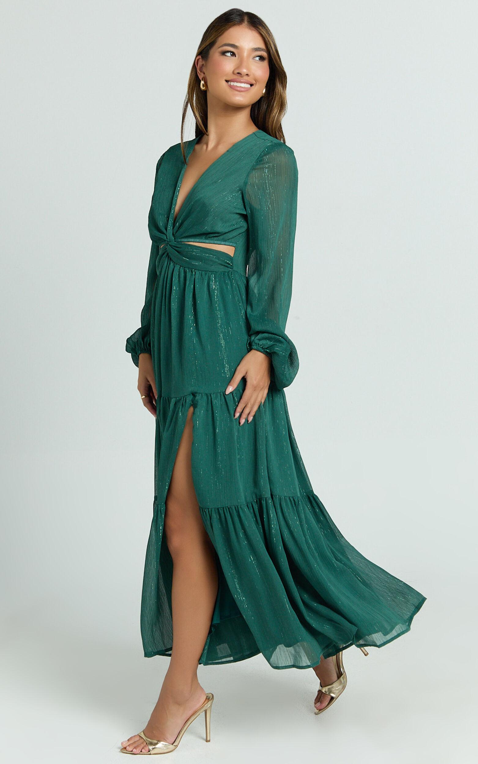 Edelyn Midi Dress - Cut Out Balloon Sleeve Tiered Dress in Emerald Product Image