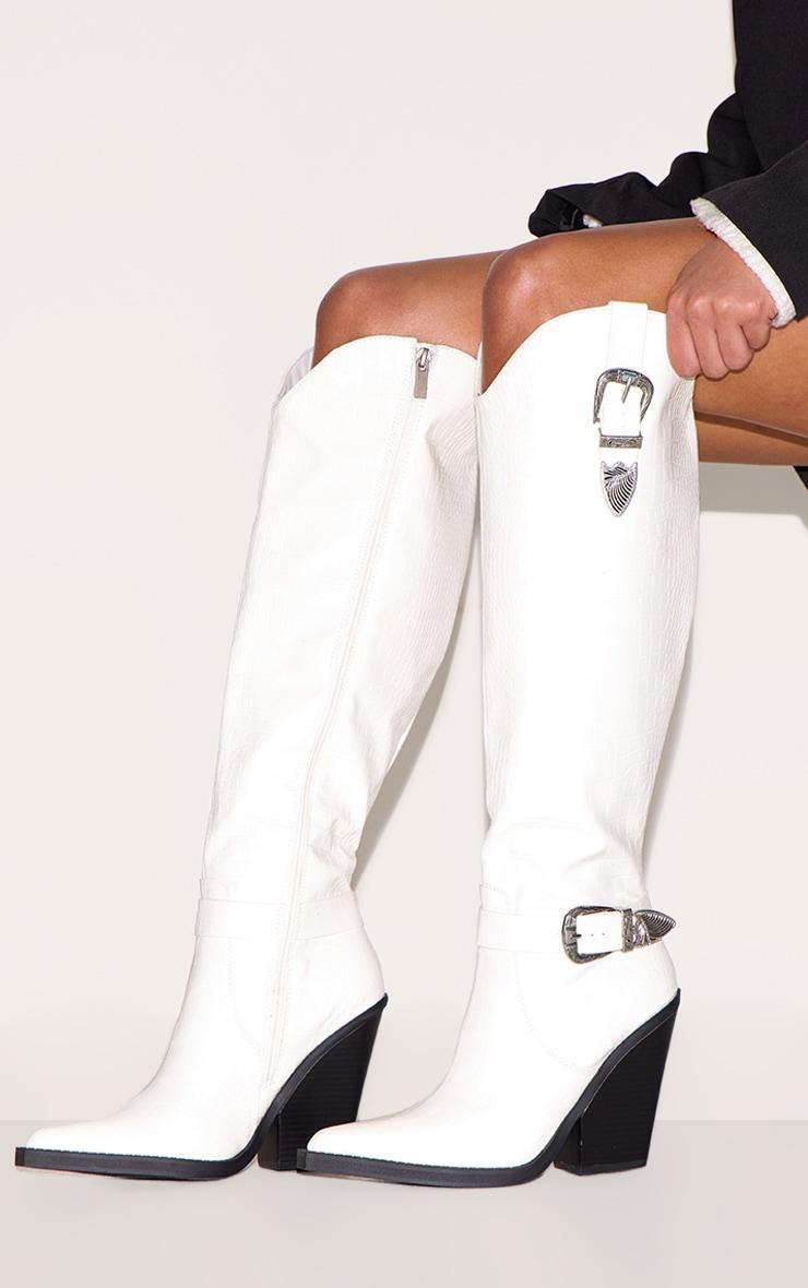 White Croc PU Point Toe High Block Heel Knee High Western Boots Product Image