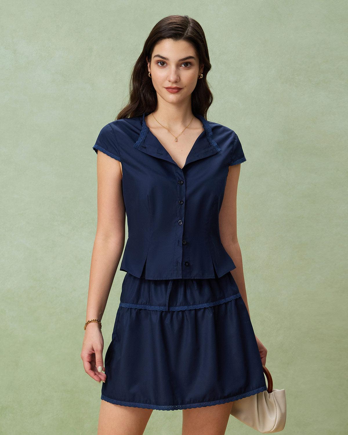 Blue Round Neck Embroidery Blouse Product Image