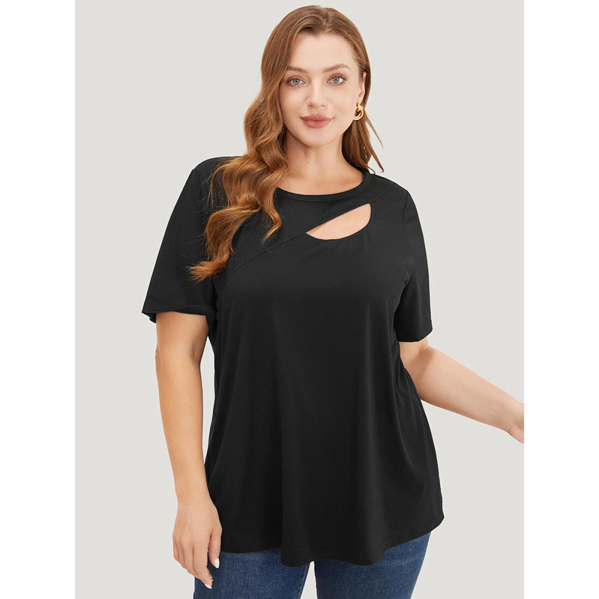 Plus Size Solid Cut Out Crew Neck T-shirt Black Women Elegant Cut-Out Plain Round Neck Dailywear T-shirts BloomChic 18-20/2X Product Image