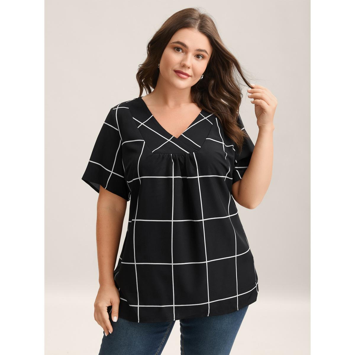 Plus Size Black Plaid Crumpled V-Neck Fitted Shirt Women At the Office Short sleeve Overlap Collar Work Blouses BloomChic 22-24/3X Product Image