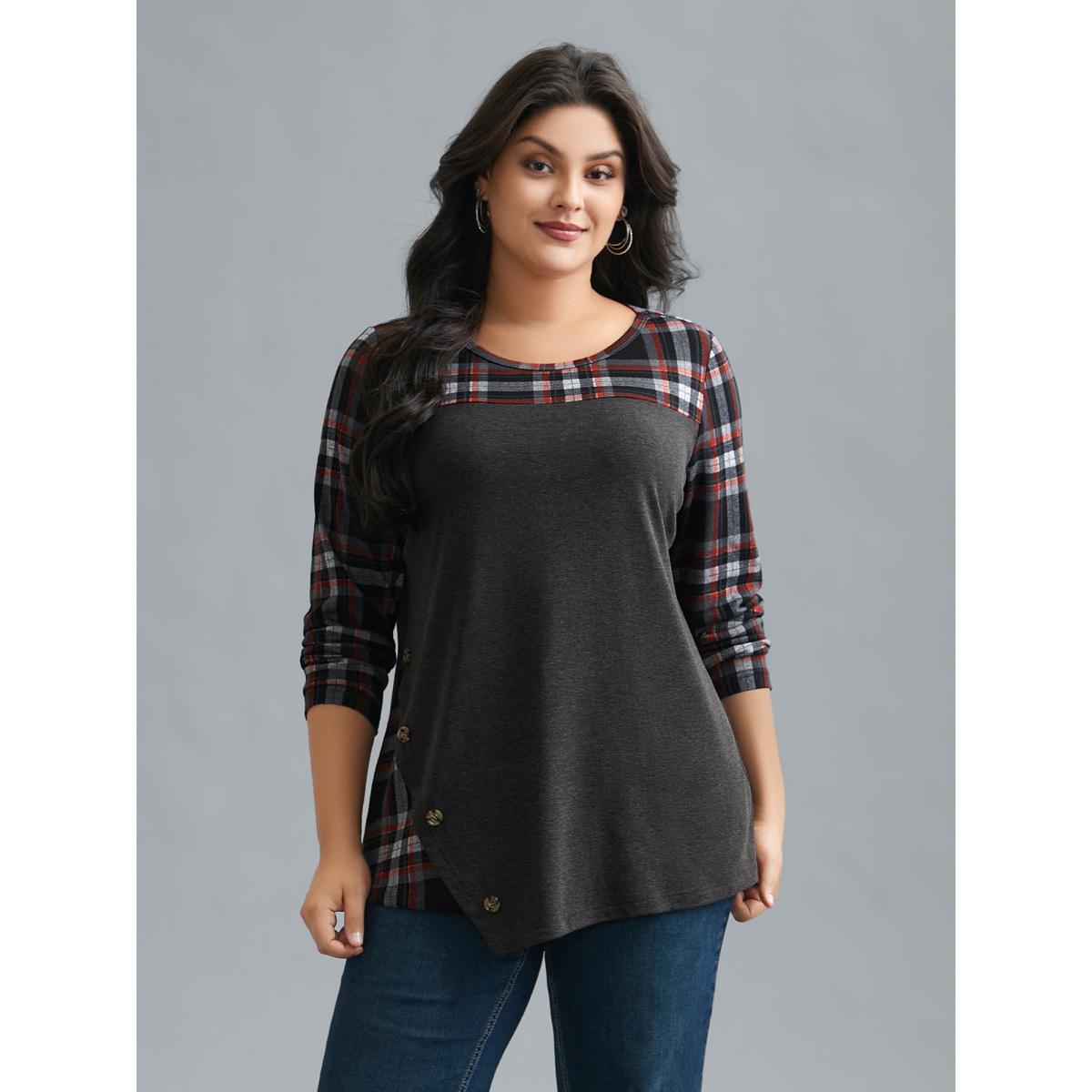Plus Size Gingham Patchwork Button Detail T-Shirt DimGray Women Casual Contrast Round Neck Everyday T-shirts BloomChic 28/5X Product Image