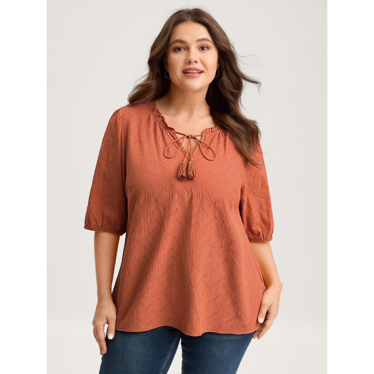 Plus Size Brightorange Pure Cotton Textured Tassel Blouse Women Boho Elbow-length sleeve V-neck Vacation Blouses BloomChic 12/L Product Image