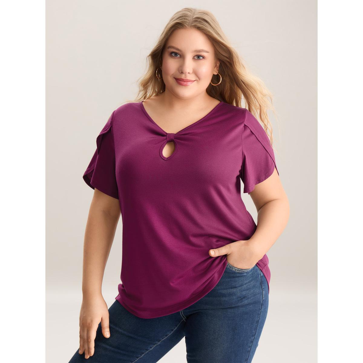 Plus Size Petal Sleeve Keyhole Plain T-Shirt RedViolet Women Petal edge V-neck Everyday-Casual T-shirts BloomChic 18-20/2X Product Image