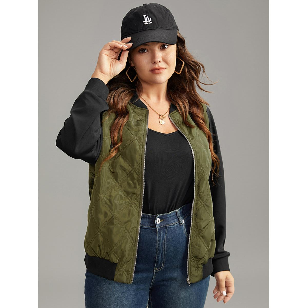 Plus Size Contrast Patchwork Quilted Zipper Bomber Jacket Women ArmyGreen Elastic cuffs Everyday Jackets BloomChic 22-24/3X Product Image
