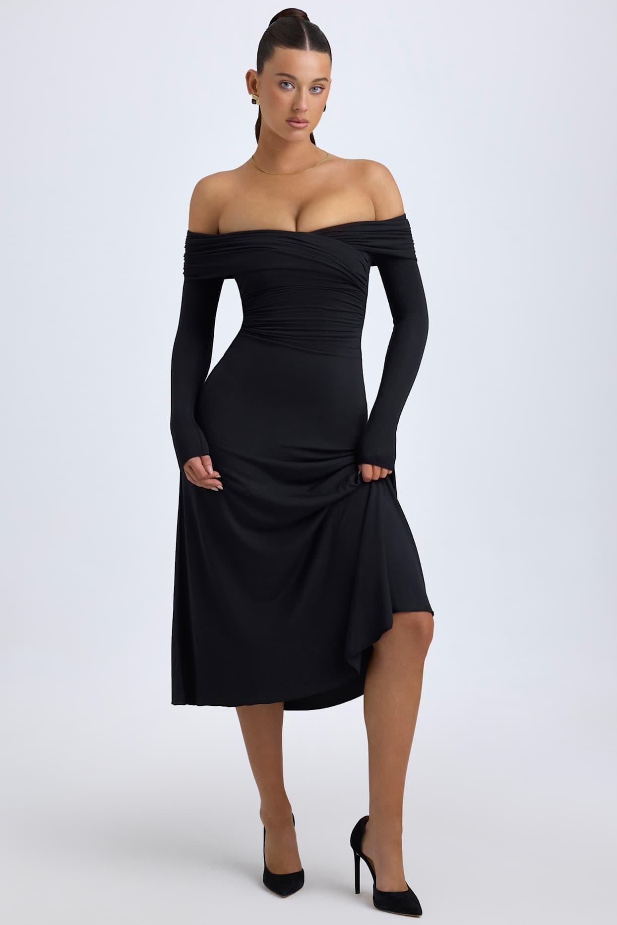 Modal Off-Shoulder Ruched Midaxi Dress in Black Female Product Image