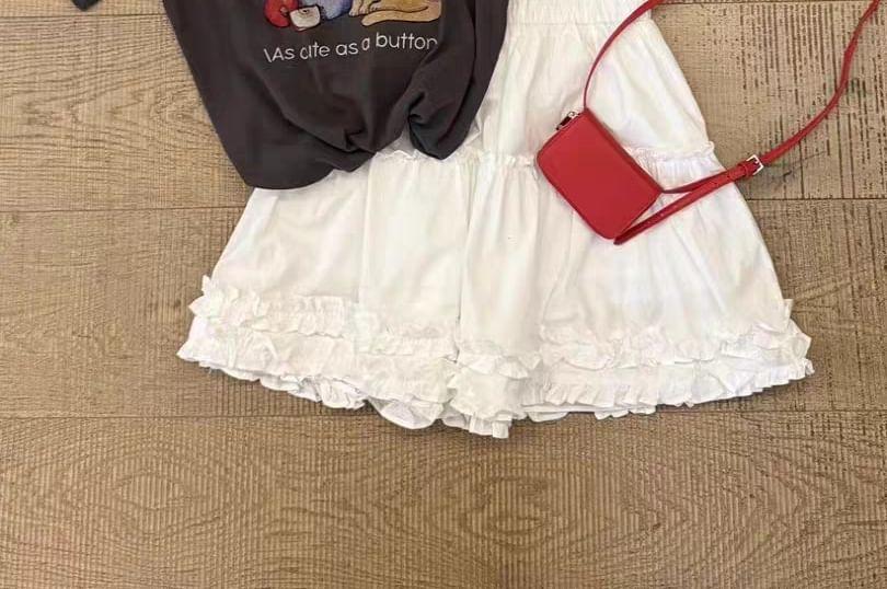 Elastic Waist Plaid Tiered Ruffle Trim Mini A-Line Skirt Product Image