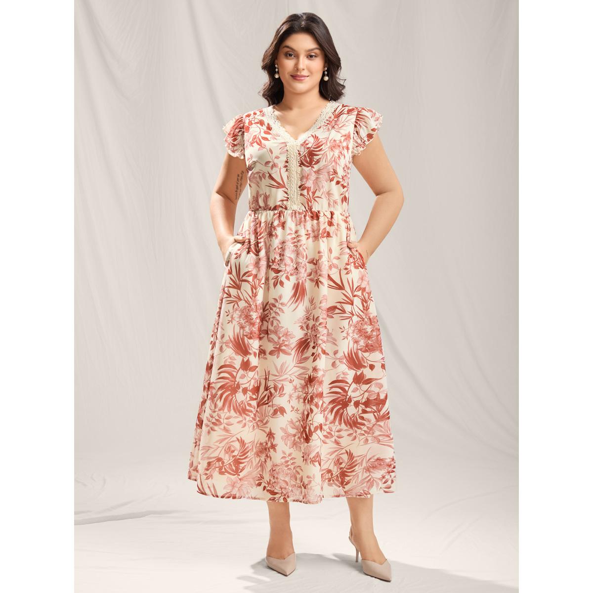 Plus Size Large Flower Print Lace Trim Maxi Dress Beanpastepowder Women V-neck Cap Sleeve Curvy BloomChic 22-24/3X Product Image