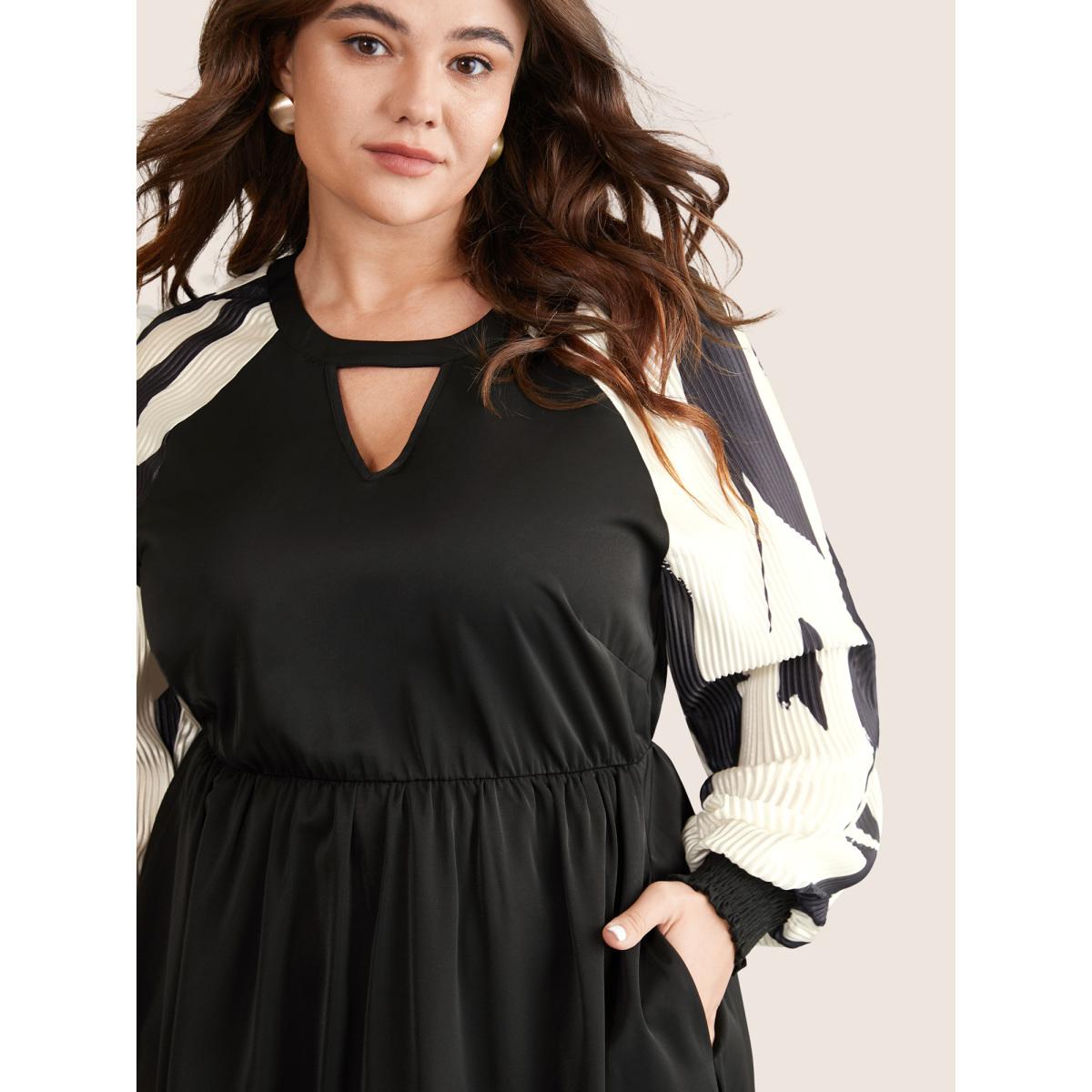 Plus Size Colorblock Keyhole Pleated Detail Shirred Dress Black Women Elegant Gathered Keyhole Cut-Out Long Sleeve Curvy Midi Dress BloomChic 30/6X Product Image