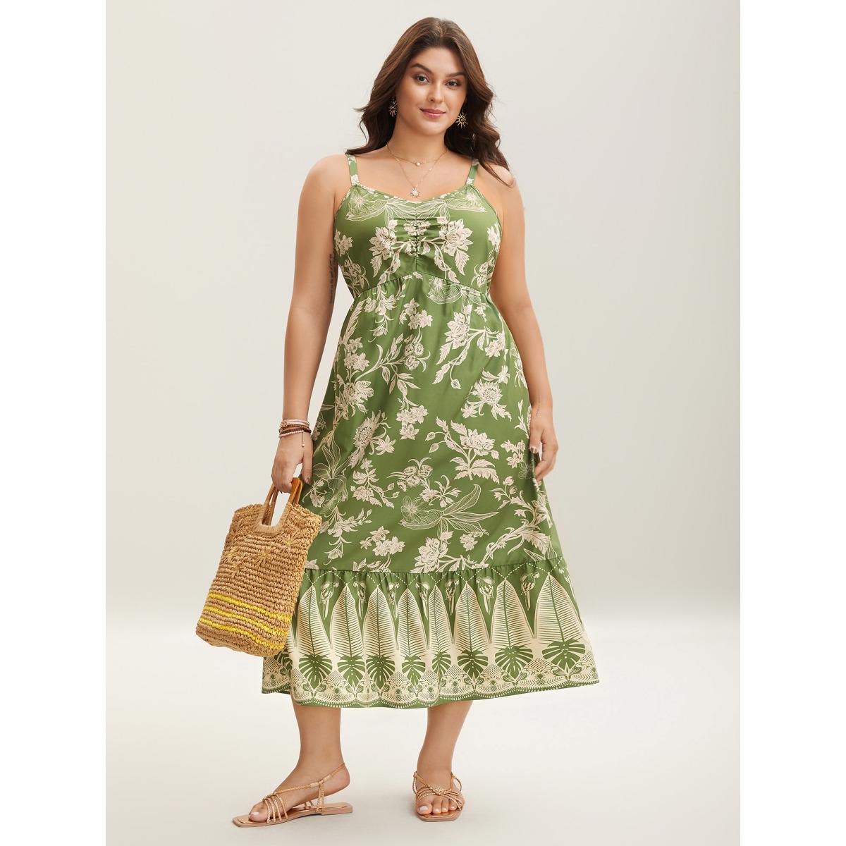 Plus Size Tropical Print Tied Front Pockets Midi Dress Moss Women Gathered V-neck Sleeveless Curvy BloomChic 18-20/2X Product Image