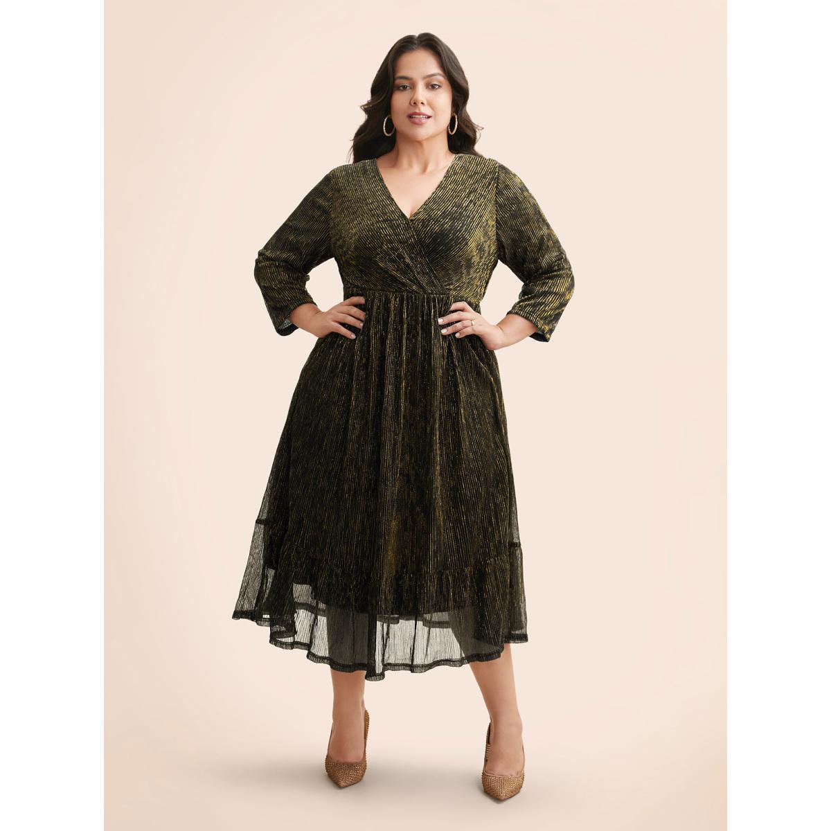 Plus Size Luxe Mesh Pleated Elastic Waist Wrap Dress Black Women Party&Cocktail Texture Overlap Collar Elbow-length sleeve Curvy Midi Dress BloomChic 26/4X Product Image