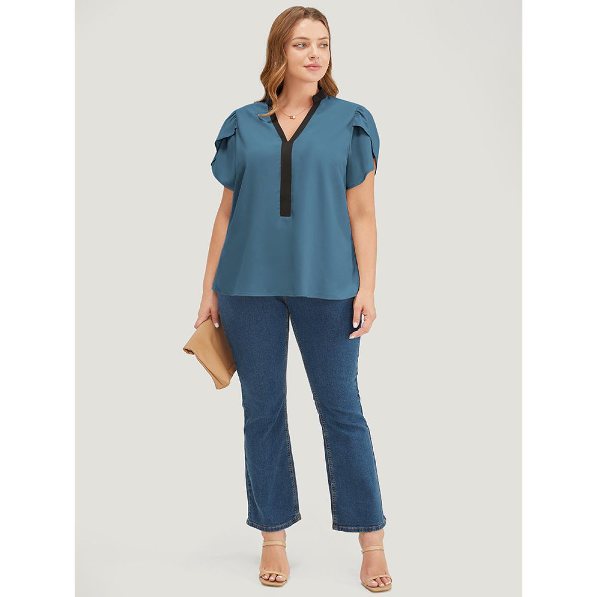 Plus Size Cerulean Plain Contrast Trim Split Petal Sleeve Blouse Women Office Short sleeve Stand-up collar Dailywear Blouses BloomChic 30/6X Product Image