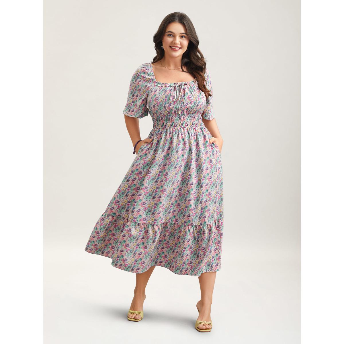 Plus Size Smocked Waist Floral Ties Tiered Maxi Dress Multicolor Women Timeless Tie knot Square Neck Short sleeve Curvy BloomChic 30/6X Product Image