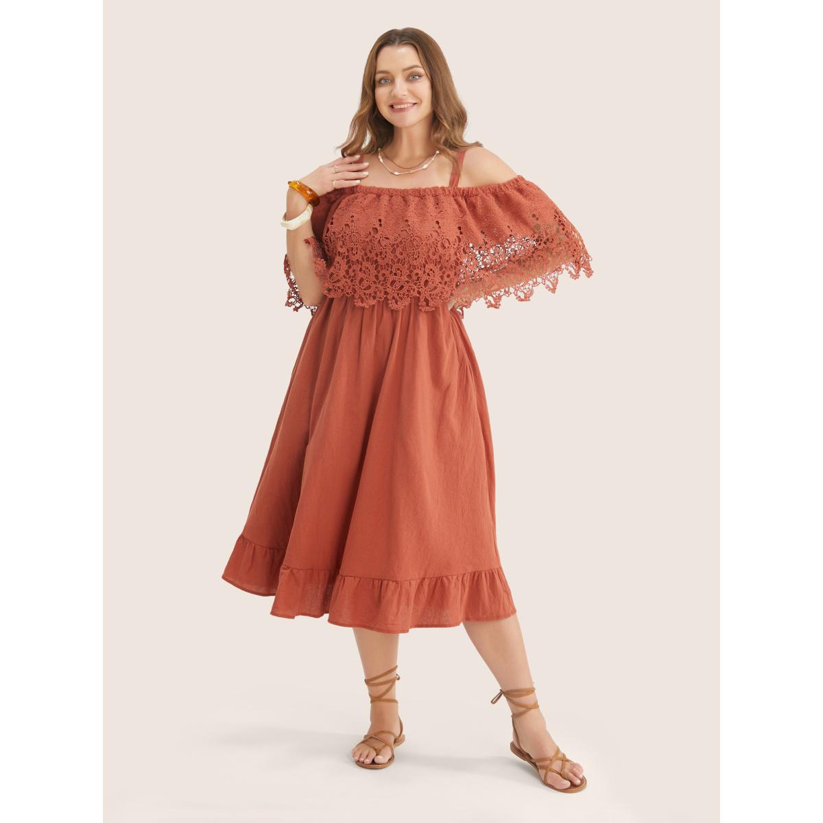 Plus Size Solid Cold Shoulder Contrast Lace Pocket Ruffle Hem Dress Chocolate Women Resort Broderie anglaise Non Short sleeve Curvy Midi Dress BloomChic 28/5X Product Image