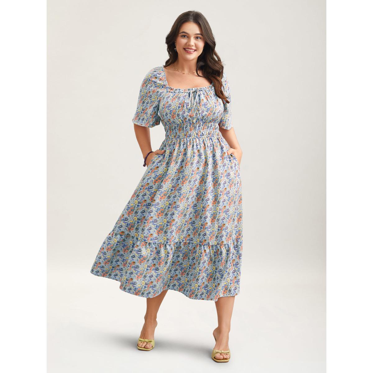 Plus Size Smocked Waist Floral Ties Tiered Maxi Dress LightBlue Women Timeless Tie knot Square Neck Short sleeve Curvy BloomChic 28/5X Product Image