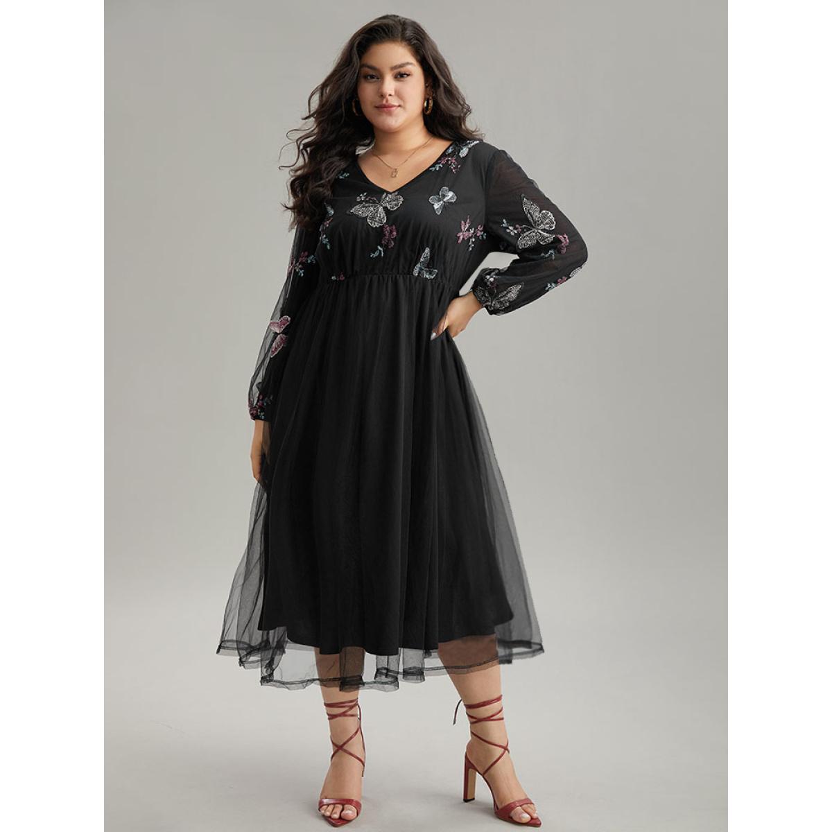 Plus Size Butterfly Embroidered Mesh Gathered Patchwork Dress Black Women Party Elastic cuffs V-neck Long Sleeve Curvy Midi Dress BloomChic 26/4X Product Image