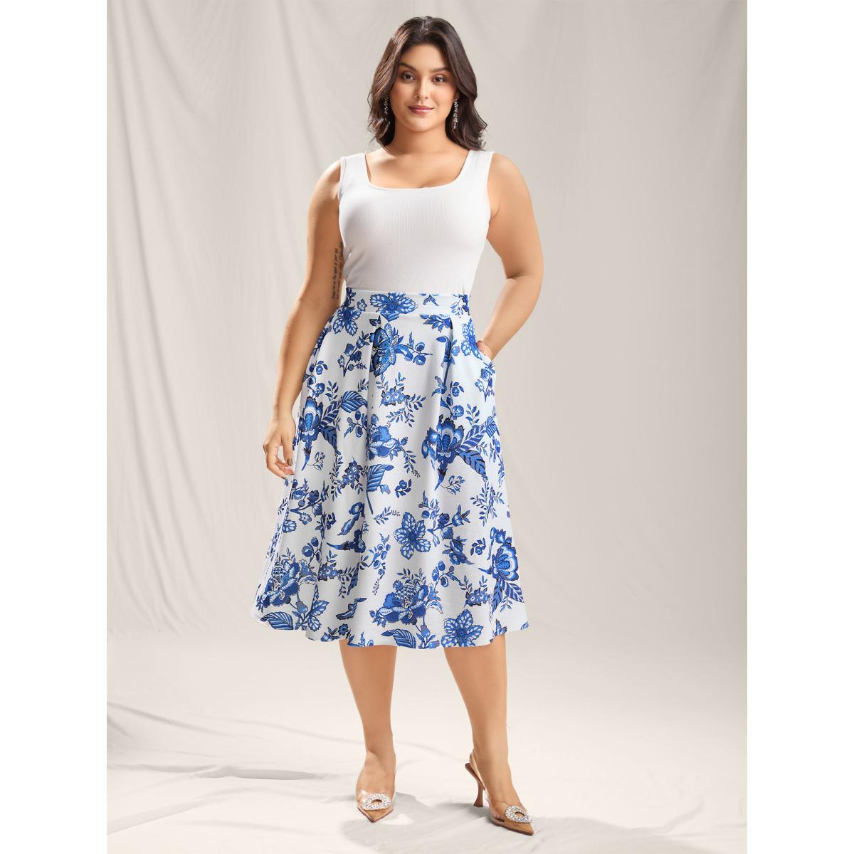 Plus Size Floral Print Flared Midi Skirt Women LightBlue Elegant Contrast Bodycon Low stretch Side seam pocket Everyday-Elegant Skirts BloomChic 10/M Product Image