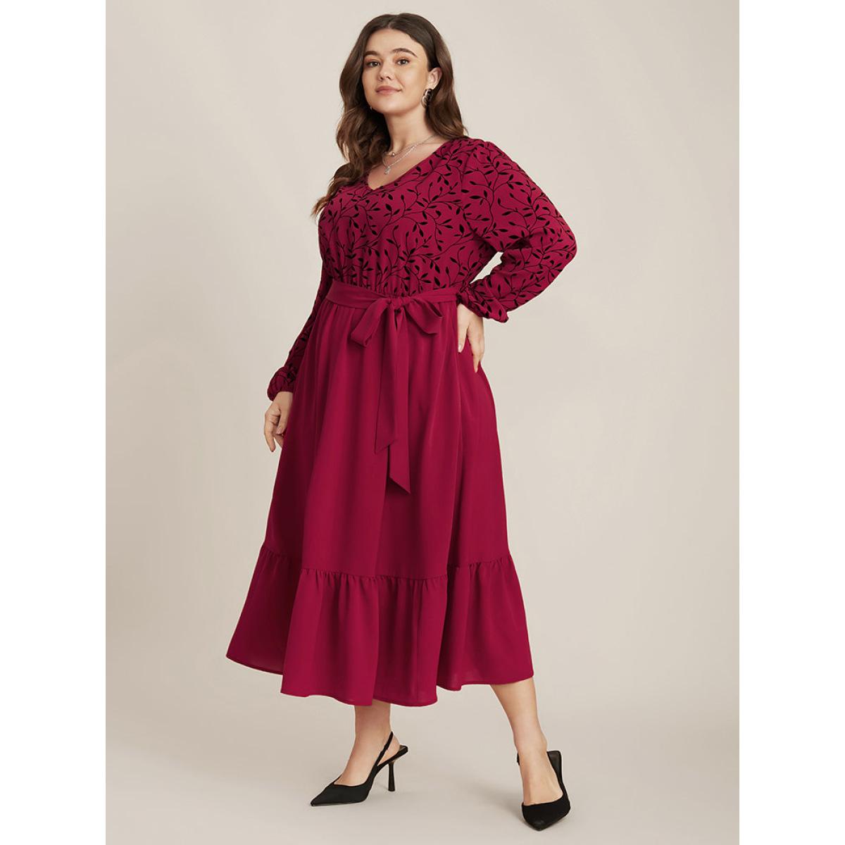 Plus Size Plant Print Lantern Sleeve Pocket Belted Ruffles Hem Dress Burgundy Women Elegant Patchwork V-neck Long Sleeve Curvy Midi Dress BloomChic 28/5X Product Image
