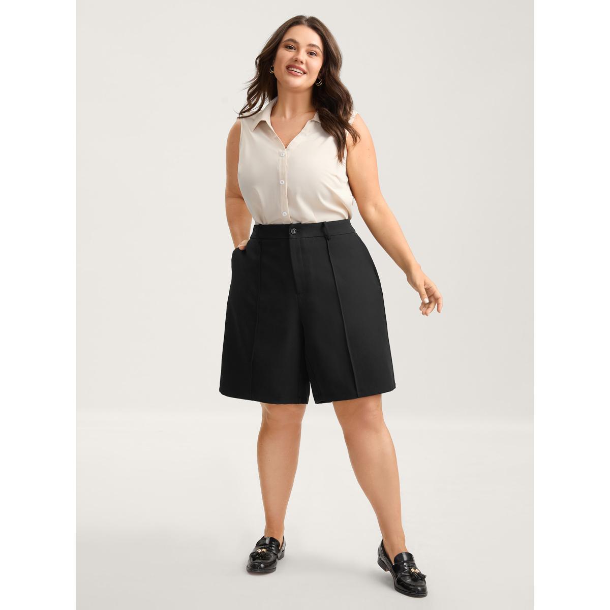 Plus Size Pin Tuck Straight-Leg Shorts Women Black At the Office Straight Leg Office Shorts BloomChic 14-16/1X Product Image
