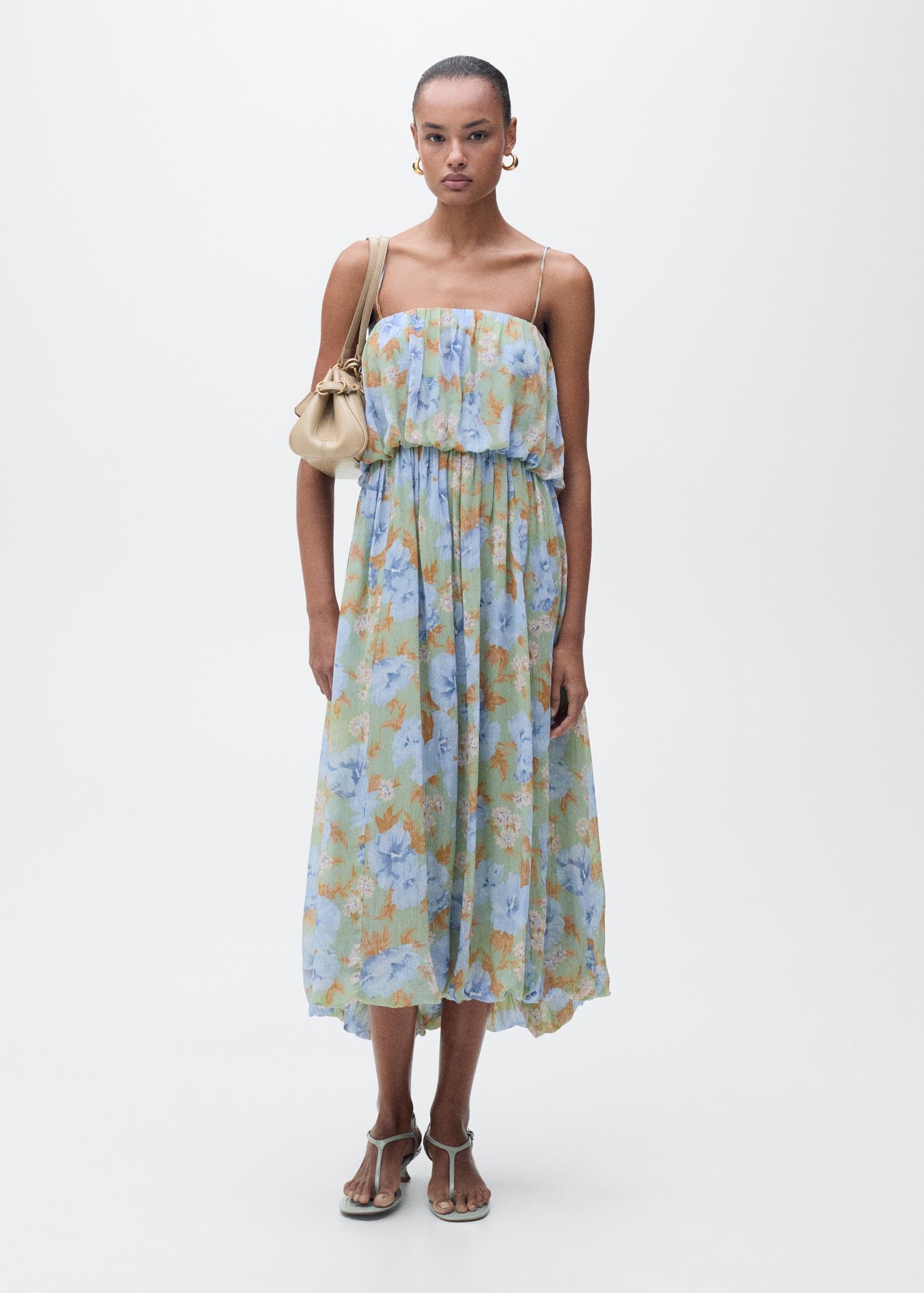 Floral-print dress with gathered waist - Women | MANGO USA Product Image