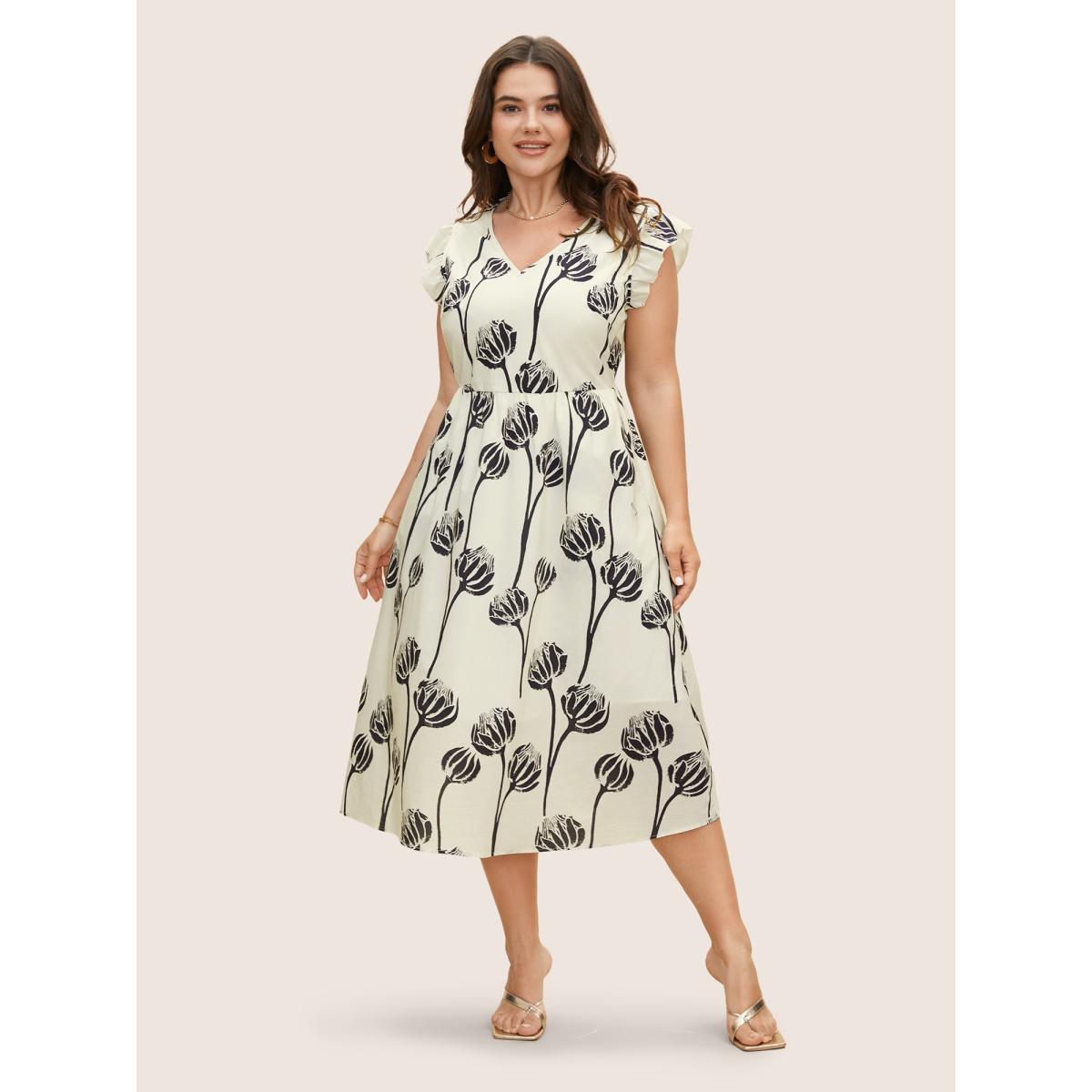 Plus Size V Neck Floral Print Ruffle Cap Sleeve Dress WhiteSmoke Women Elegant Ruffles V-neck Cap Sleeve Curvy BloomChic 10/M Product Image