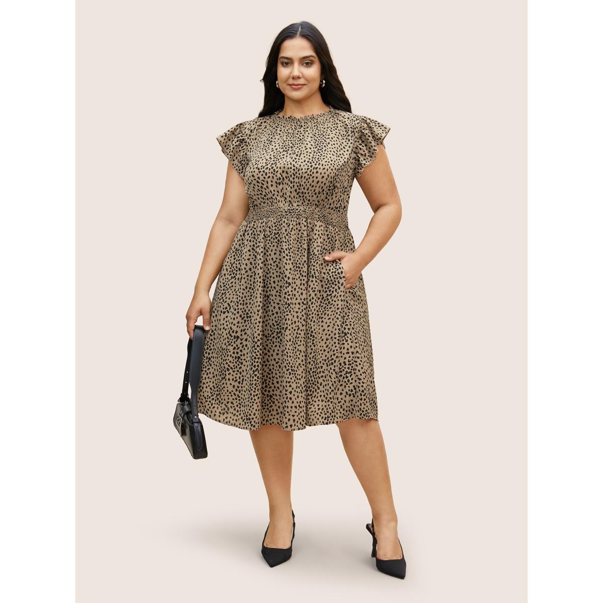 Plus Size Leopard Print Frill Trim Cap Sleeve Dress Bronze Women At the Office Round Neck Cap Sleeve Curvy BloomChic 26/4X Product Image